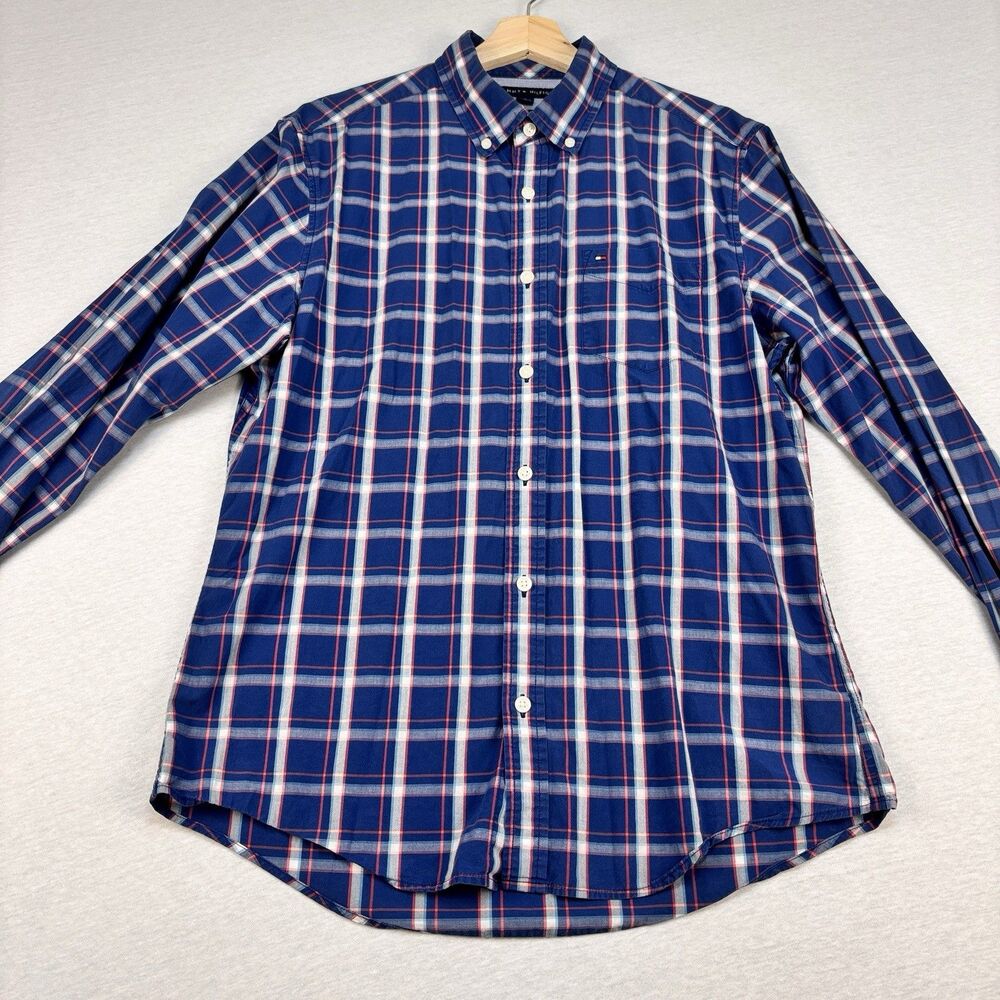 Tommy Hilfiger Shirt M Custom Fit Blue Red Plaid Long Sleeve Cotton